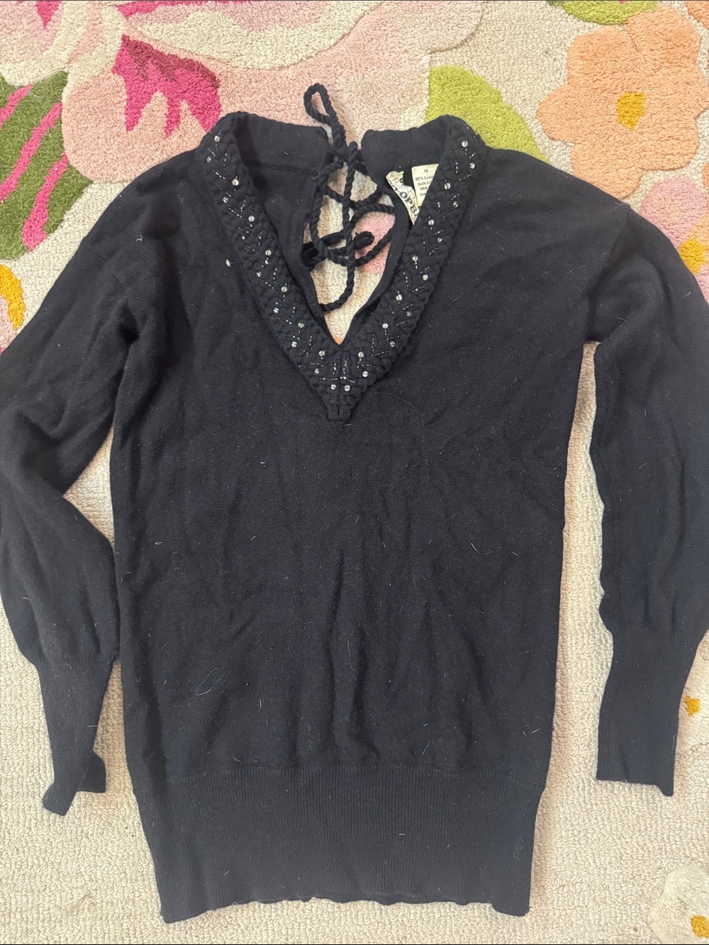 Barneys New York CO-OP Black V-Neck Lace-Up Sweater with Beaded Trim